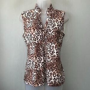 SnoSkins Top Size Medium Leopard Print Ruffled Knit Sleeveless Mob Wife Chic